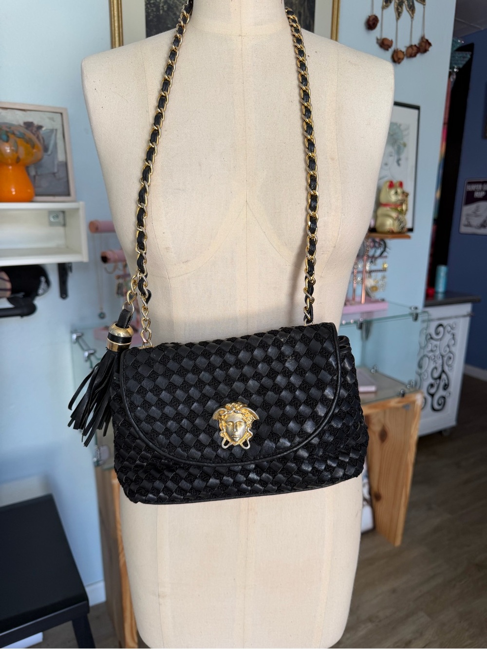 Versace Black Woven Shoulder Bag with Gold Medusa Accent